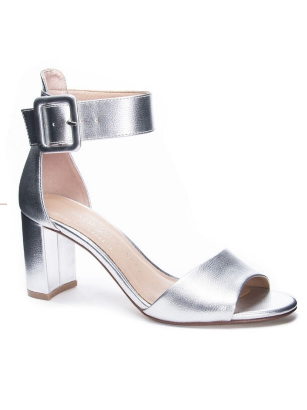 CHINESE LAUNDRY Rumor Silver Ankle Strap Block Heel Sandals—SZ. 8